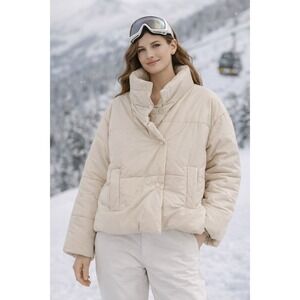Lattelier Womens Faux Leather Puffer Jacket Cream Beige High Neck Size M